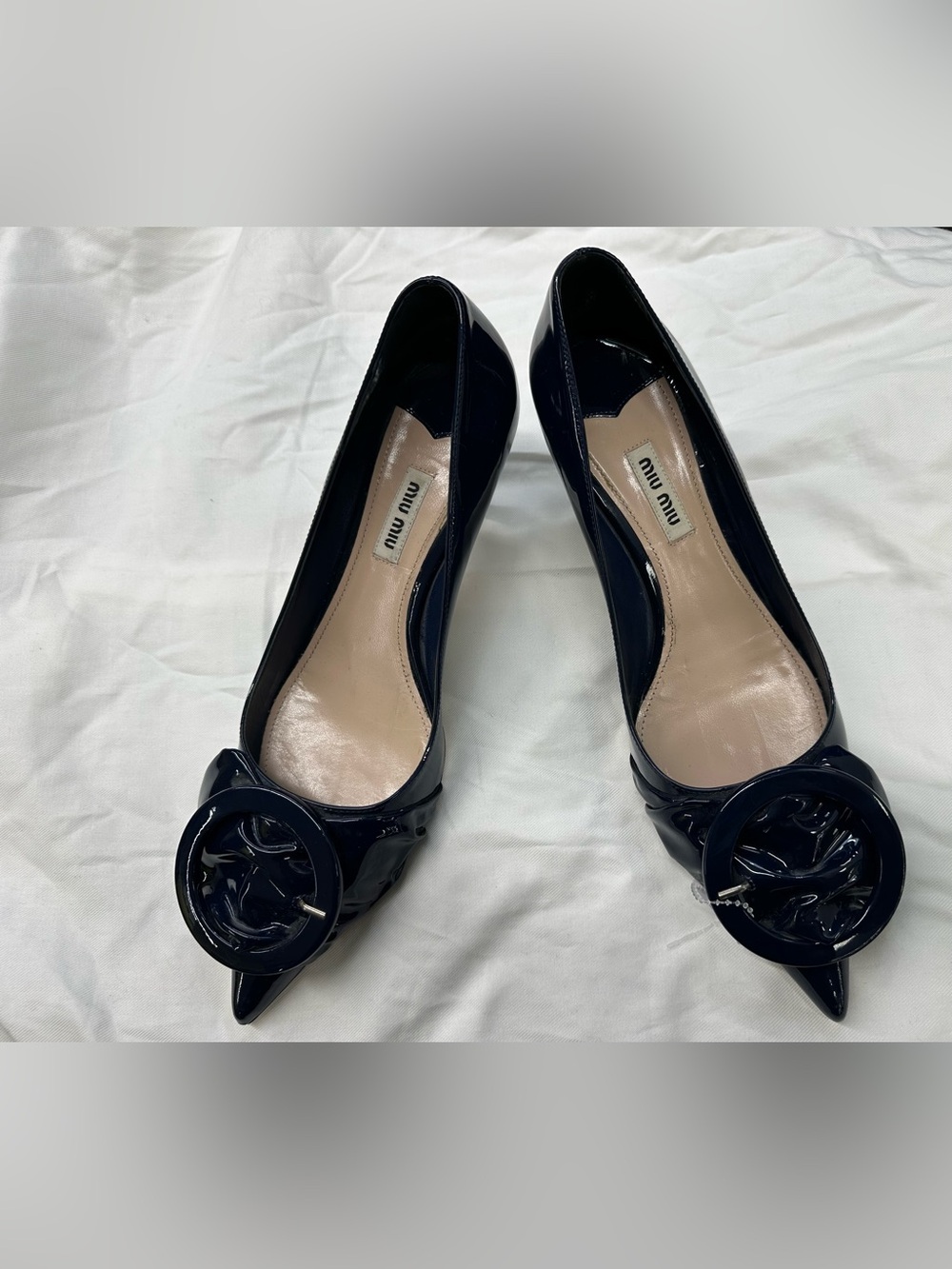 Miu Miu Deep Navy Patent Leather Oversized Buckle Pointed Pumps